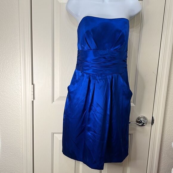 David’s Bridal Sz 8 Cobalt Blue Mini Prom Evening Formal Dress Pockets Strapless - Picture 2 of 6